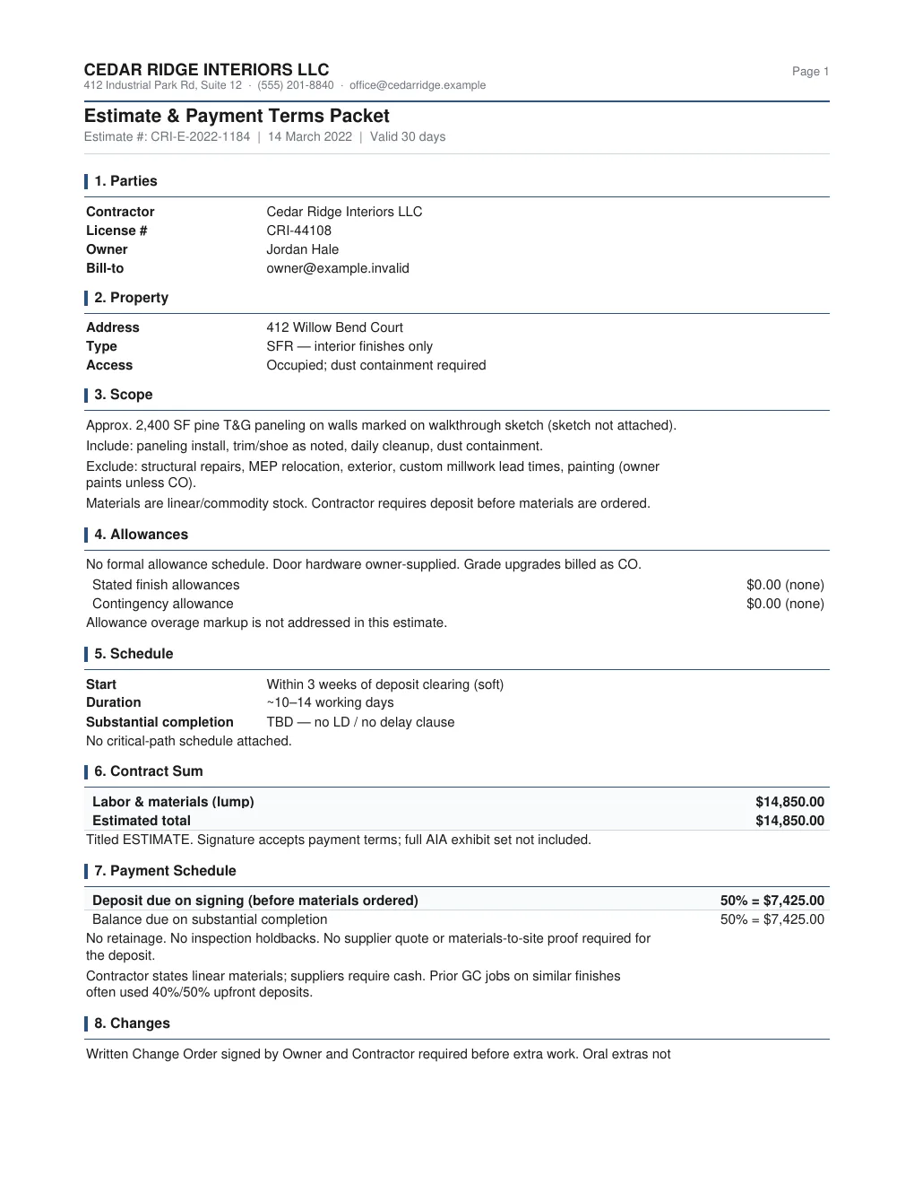 Fictional Cedar Ridge Interiors estimate and payment packet